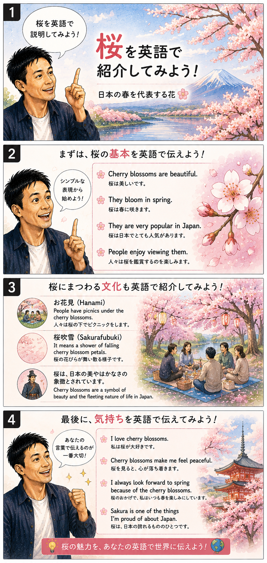 桜咲く※紹介文お読みください。 桜を英語で説明する完全ガイド — ソメイヨシノ・葉桜・桜並木まで